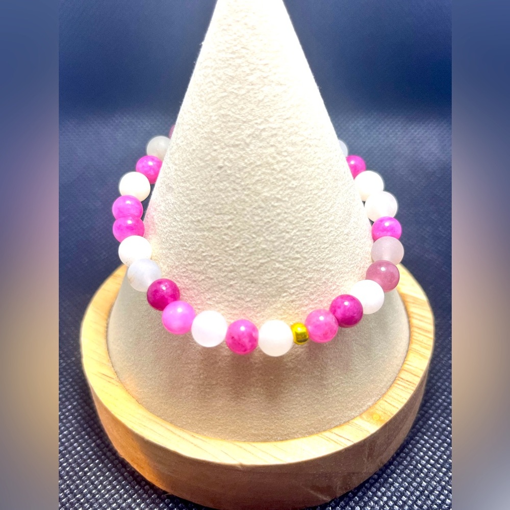 Rose Strawberry Quartz & Brushed Stone Beaded Bracelet Natural Handmade Boutique